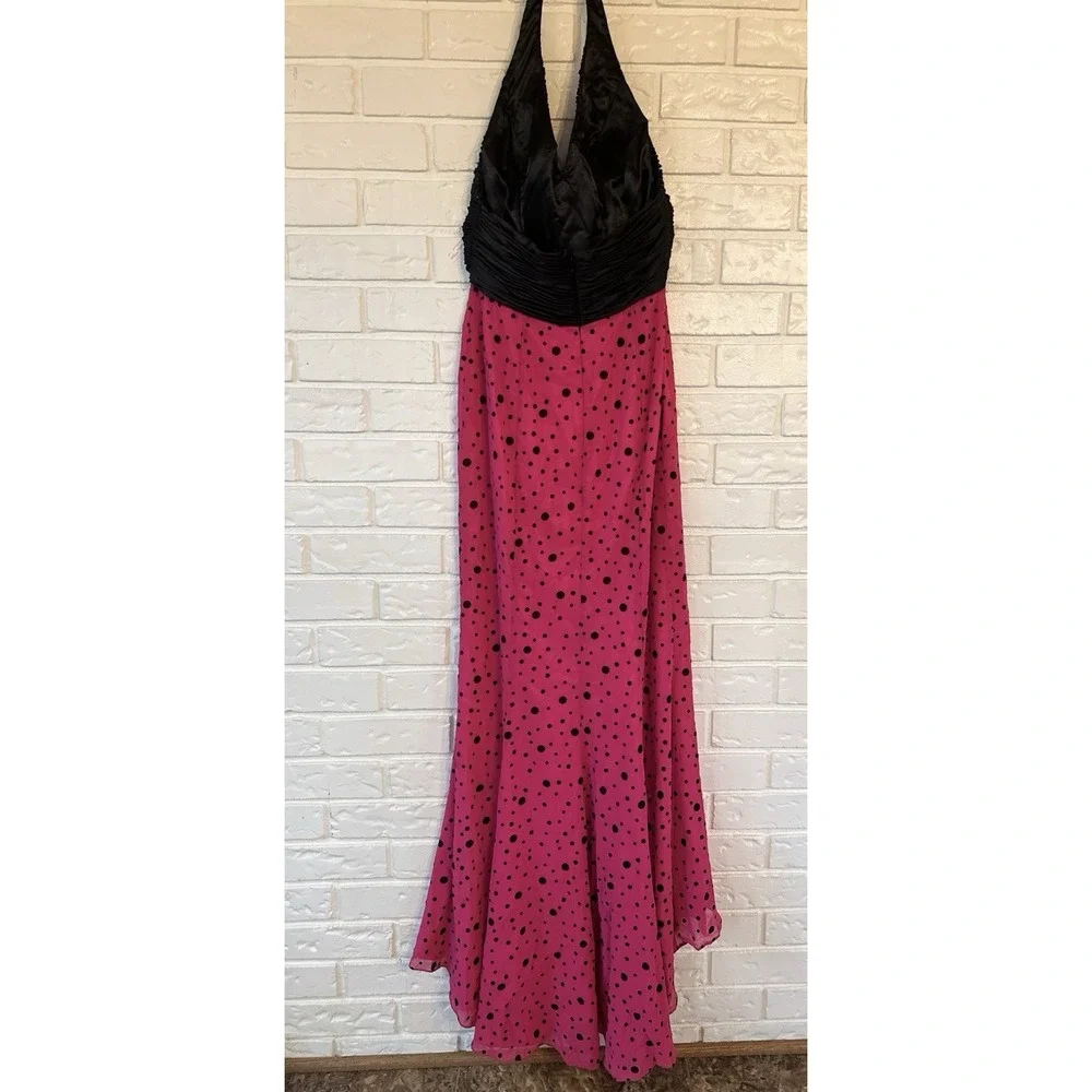 Tiffany Designs Size 10 Hot Pink Black Polka Dot‎ Beaded Halter Prom Gown Y2K